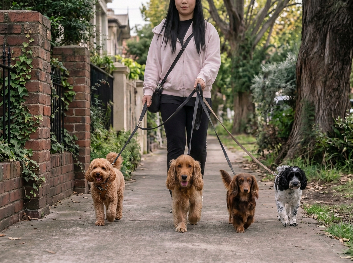 Small group dog outing in Brunswick with a Cavoodle, Cocker Spaniel, Corgi and long-haired Dachshund